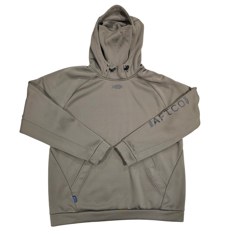 AFTCO Reaper Men Large Brown Technical Fishing Hoodie Face Mask Sweatshirt